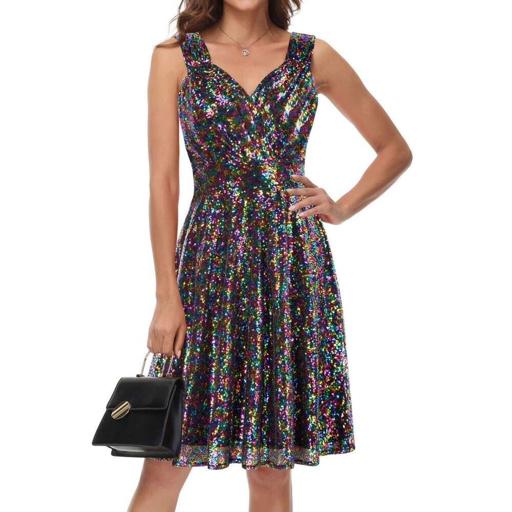 Grace Karin Womens Cocktail Dress  Rainbow All over Sequin NWT XXL